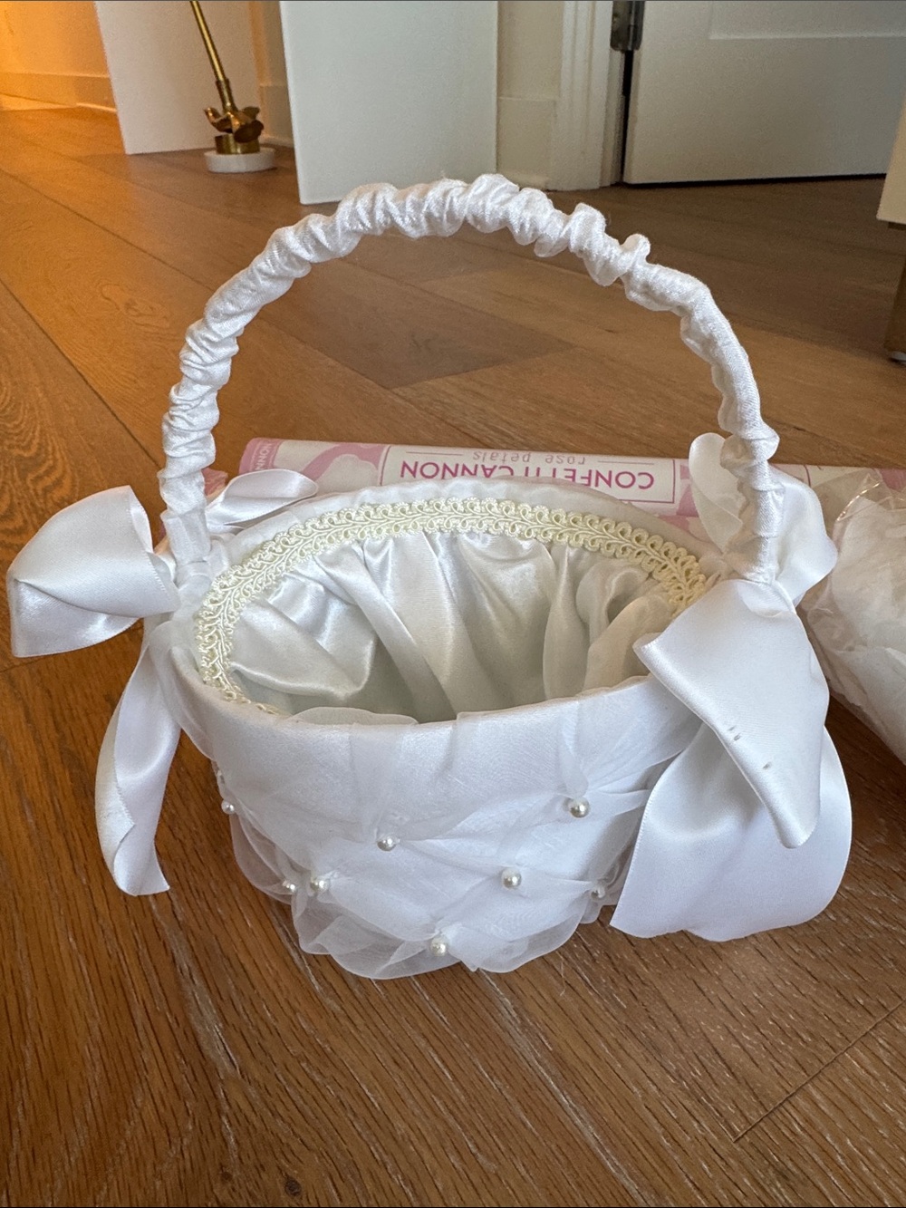 White Satin & Tulle Flower Girl Basket with Pearl Accents